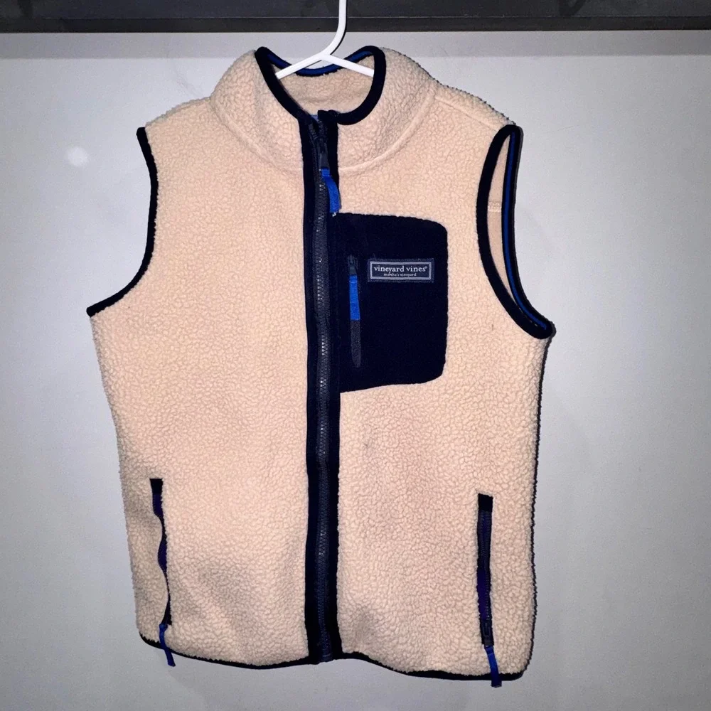 Vineyard Vines Sherpa Fleece Vest Boys Size M 12-14 Cream Tan Excellent Zip Up